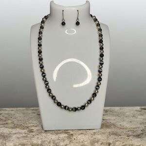 Kim Rogers Necklace Earrings Set Black Gray Glass Bead Dangle Gift Box Jewelry 3